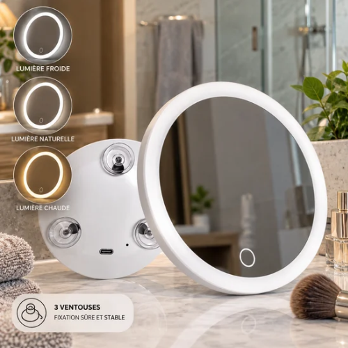 Miroir grossissant à ventouses avec trois teintes de lumière LED