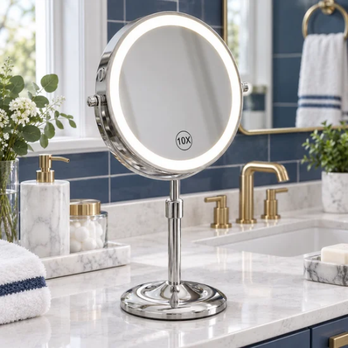 Miroir grossissant lumineux 10X dans une salle de bain bleu