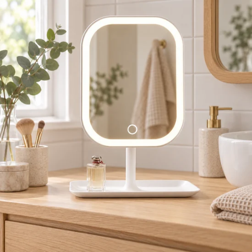 Miroir lumineux avec plateau dans une salle de bain scandinave