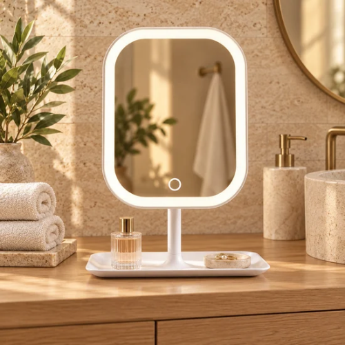 Miroir lumineux sur pied dans une salle de bain