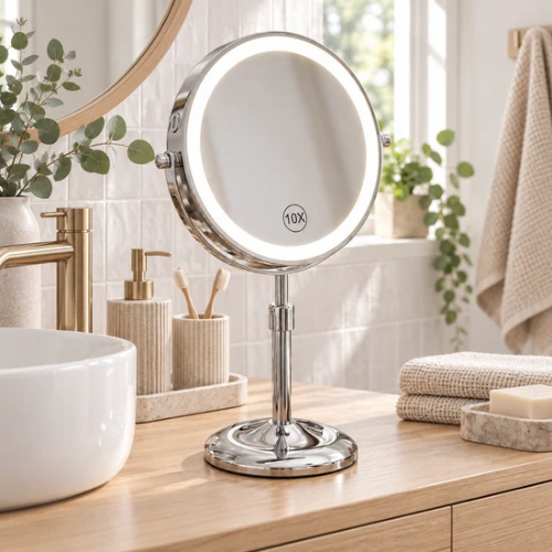 Miroir rond sur pied avec éclairage LED réglable