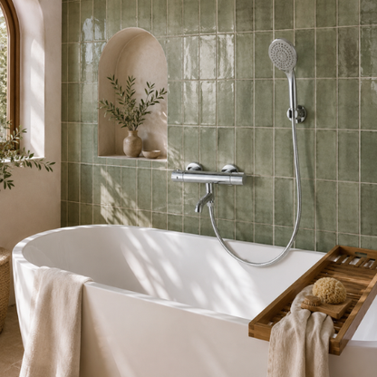 Mitigeur baignoire-douche avec pommeau à main sur mur vert