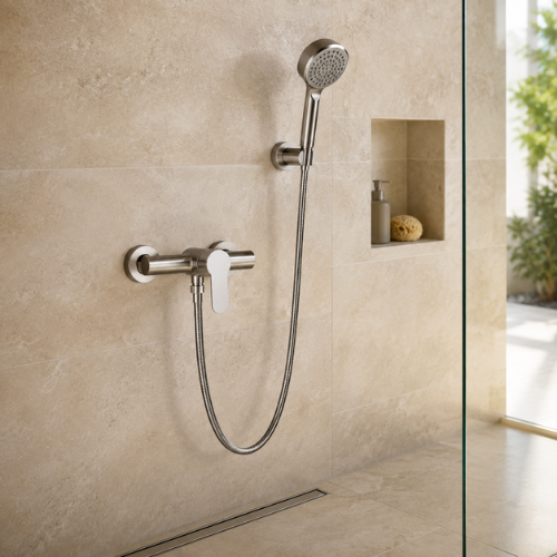 Mitigeur de douche inox avec flexible et pommeau de douche