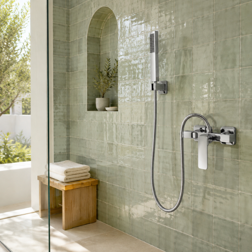 Mitigeur de douche mural chromé avec douchette dans une douche