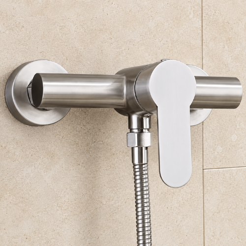 Mitigeur de douche mural en inox avec poignée blanche