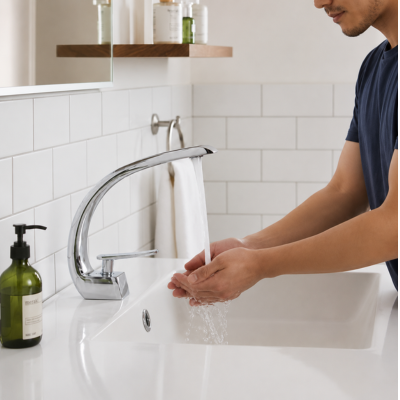 Mitigeur lavabo a commande à monocommande argent sur lavabo blanc