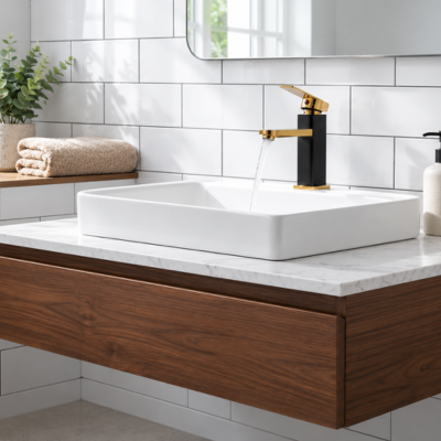 Mitigeur-lavabo-de-couleur-noir-et-or-sur-lavabo-blanc