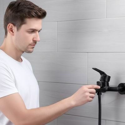 Mitigeur salle de bain noir sur mur gris