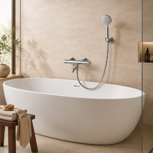 Mitigeur thermostatique chromé installé au-dessus d’une baignoire blanche