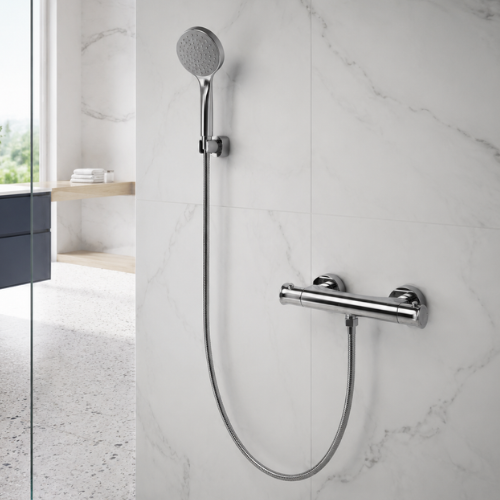Mitigeur thermostatique mural avec pommeau dans une douche en marbre