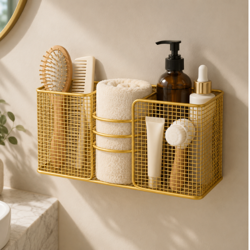 Organisateur mural doré avec produits de salle de bain