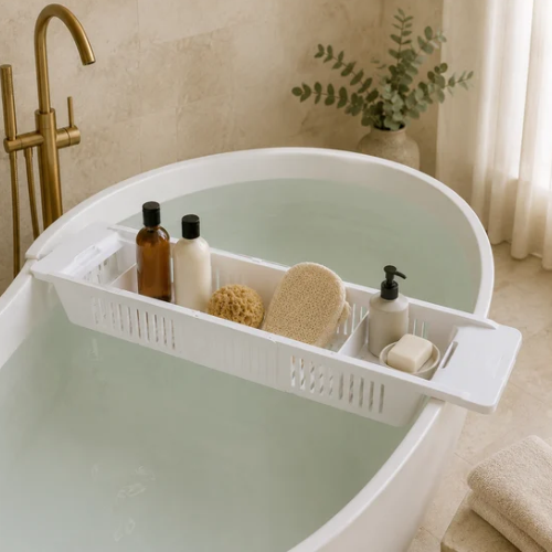 Panier de baignoire avec shampoing, savon, éponge et gant exfoliant