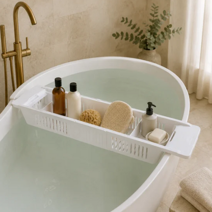 Panier de baignoire avec shampoing, savon, éponge et gant exfoliant