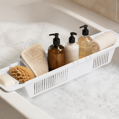 Panier de baignoire extensible blanc avec produits de bain