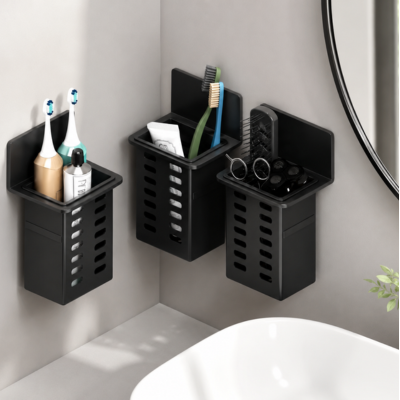 Paniers de rangement muraux noirs pour accessoires de salle de bain