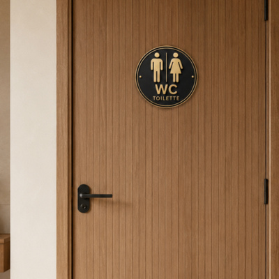Panneau WC rond noir et doré installé sur une porte