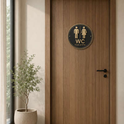 Panneau de toilette circulaire fixé sur une porte en bois