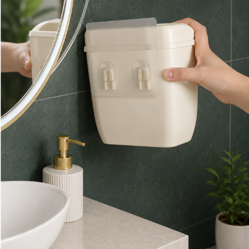 Petite poubelle de salle de bain fixée près d’un miroir