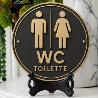Plaque de porte WC noire et dorée sur support décoratif