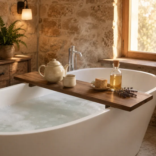Plateau de baignoire brun dans une salle de bain rustique