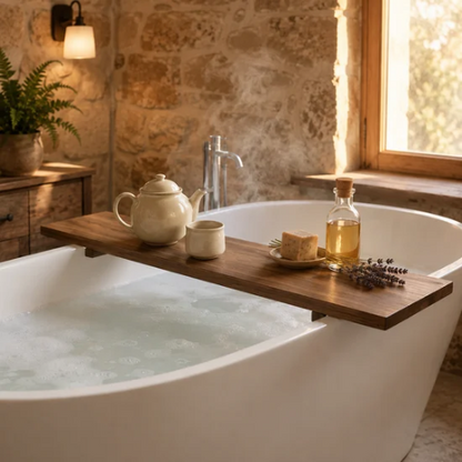 Plateau de baignoire brun dans une salle de bain rustique