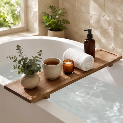 Plateau de baignoire en bois avec tasse, bougie et serviette