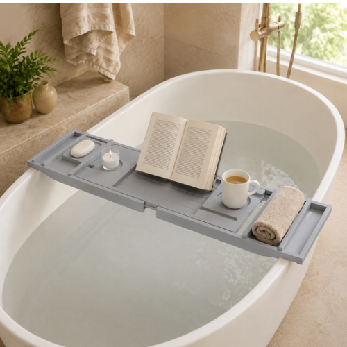 Plateau de baignoire gris extensible avec livre, tasse et bougie