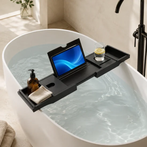 Plateau de baignoire noir avec support pour livre ou tablette