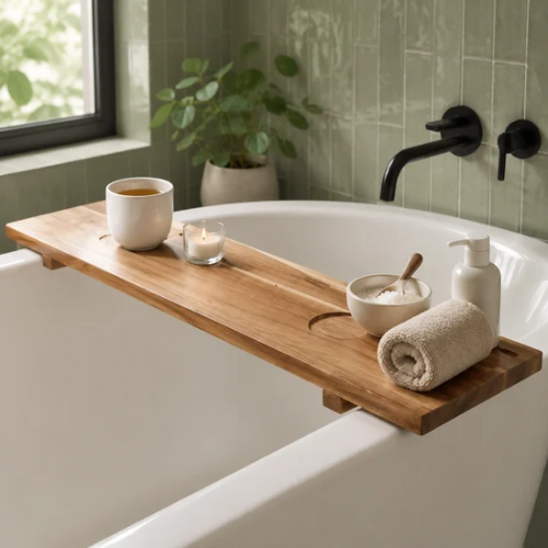 Plateau de bain en bois avec théière et accessoires