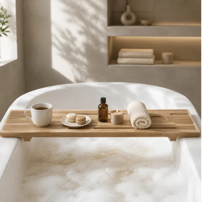Plateau de bain en bois posé sur une baignoire blanche