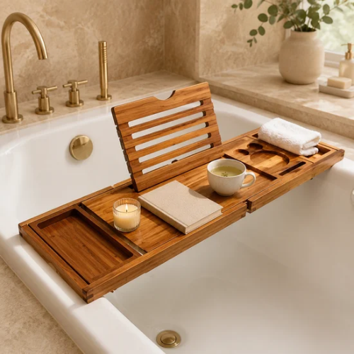 Plateau de bain extensible en bambou avec accessoires détente
