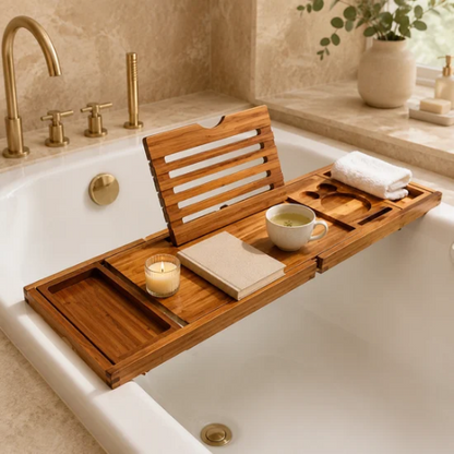 Plateau de bain extensible en bambou avec accessoires détente