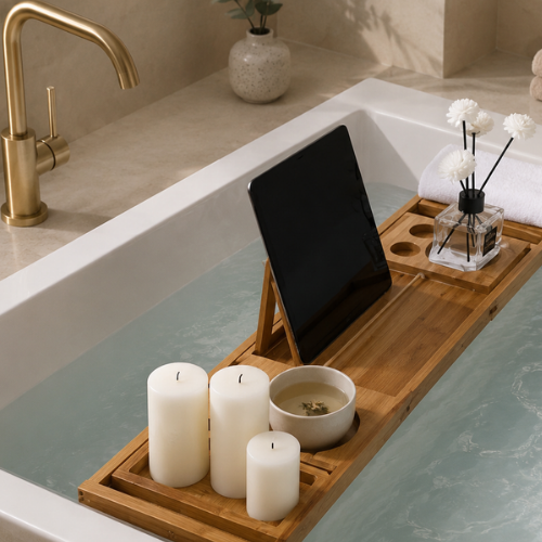 Plateau organisateur en bois avec tablette bougies et tasse pose