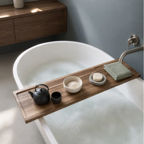 Plateau de baignoire avec sels de bain, savon et serviette