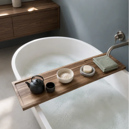 Plateau de baignoire avec sels de bain, savon et serviette