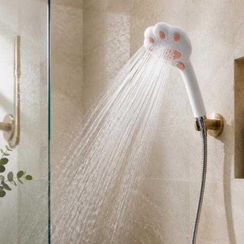 Pommeau de douche blanc patte de chat avec jet d’eau puissant