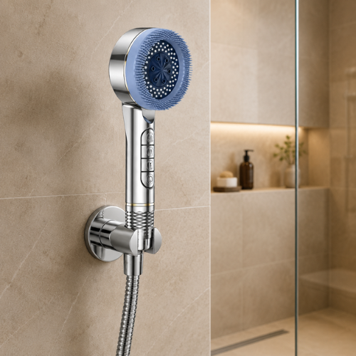 Pommeau de douche chromé installé dans une douche moderne beige