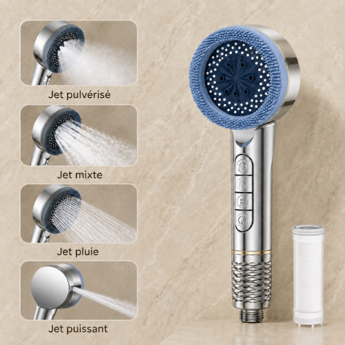 Pommeau de douche filtrant avec quatre types de jets réglables