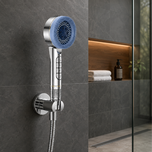 Pommeau de douche massant sur support mural dans une douche