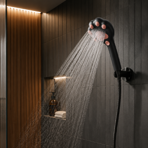 Pommeau de douche noir patte de chat installé dans une douche