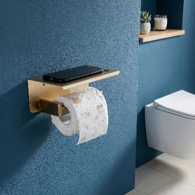 Porte papier hygienique argent sur mur bleu