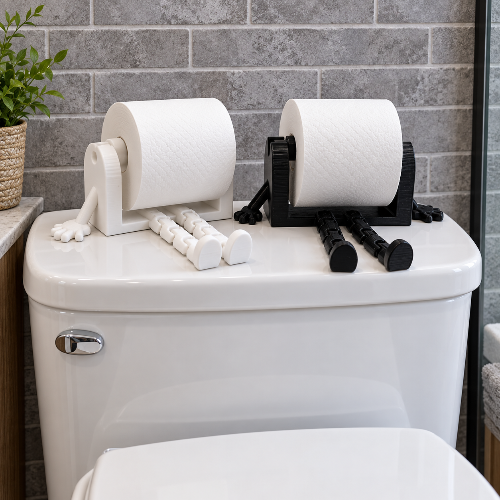 Porte-papier toilette blanc et noir posés sur un réservoir