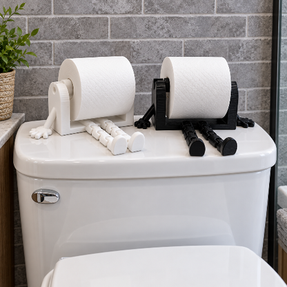 Porte-papier toilette blanc et noir posés sur un réservoir