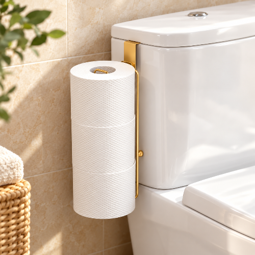 Porte-papier toilette doré suspendu au réservoir WC avec trois rouleaux
