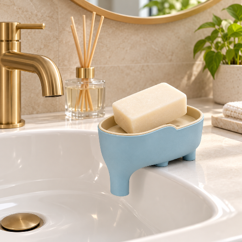 Porte-savon bleu posé sur le rebord d’un lavabo