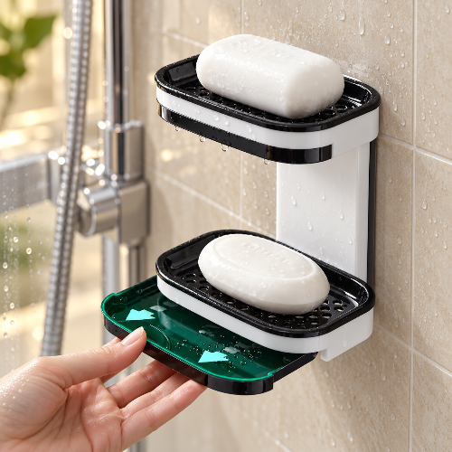 Porte-savon mural double sur un mur de douche beige