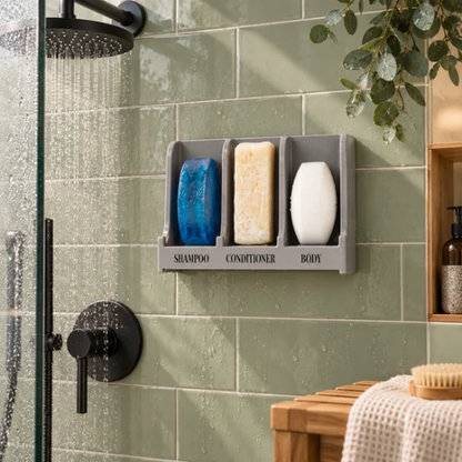 Porte-savon mural gris à trois compartiments installé dans une douche