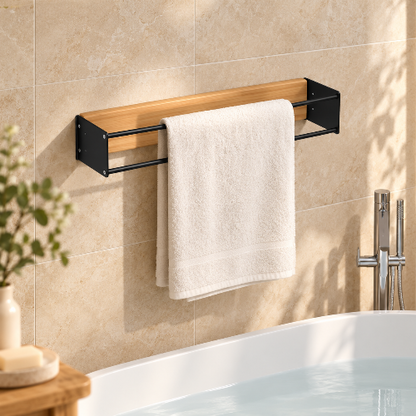 Porte-serviettes mural en bois et métal noir avec une serviette