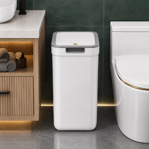 Poubelle de salle de bain blanche entre meuble lavabo et WC