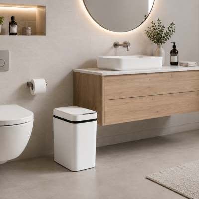 Poubelle de salle de bain blanche moderne près d'un meuble